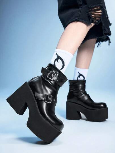 Sugerpunk Botas de tobillo elásticas con cremallera gruesa en la parte posterior, de estilo punk y a la moda