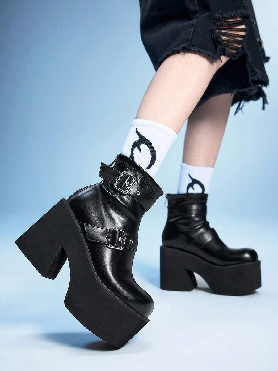 Sugerpunk Botas de tobillo elásticas con cremallera gruesa en la parte posterior, de estilo punk y a la moda - Negro - Ver 1