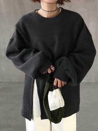 FRIFUL Women's Casual Solid Color Loose Slit T-Shirt