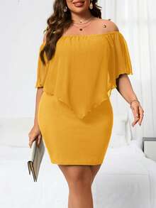 Reflora Plus Size Women's Fashionable Solid Color Off-Shoulder Short Dress - Mustard Yellow - View 6