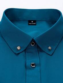 Manfinity Mode 宽松男士纯色休闲长袖衬衫 - 墨綠色 - 查看 3