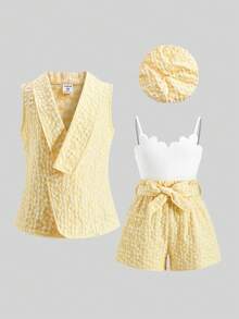 SHEIN Bộ đồ liền thân 2 mảnh cho bé gái tuổi teen, gồm áo khoác cardigan và áo hai dây dệt kim, kèm mũ, thích hợp cho mùa tựu trường. - Màu vàng - Xem 2