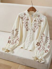 SHEIN 少女休闲立领长袖衬衫 - 米色 - 查看 1