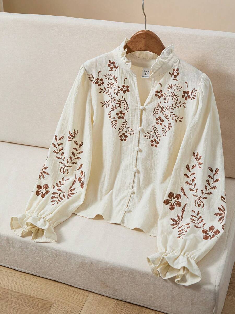 SHEIN 少女休闲立领长袖衬衫 - 米色 - 查看 1