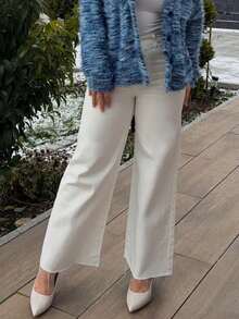 Jeta Ari Solid Color Wide Leg Jeans With Slanted Pockets And Frayed Hems, Suitable For All Seasons - White - View 6