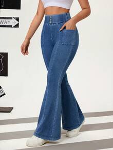 SHEIN Unity Women's Solid Color Pocket Button Elastic Casual Flare Jeans - Blue - View 3