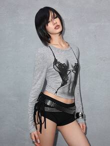 ROMWE Avant Áo thun dài tay ôm sát in họa tiết gợi cảm - Xám - Xem 6