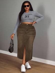 Slaydiva Plus Size Casual Denim Mini Skirt With Belt Loops And Slit Summer - Coffee Brown - View 6