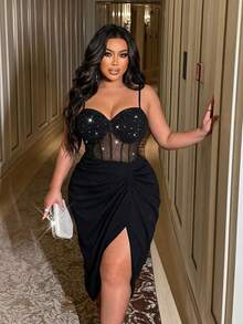 NU&NOW 大码女士优雅度假斗篷式宽松蝙蝠袖系带不规则撞色长裙 - 黑色 - 查看 3