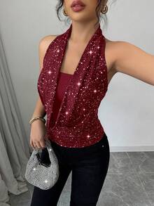 Elenzga Women's Fashionable Sequin Halter Backless Top For Party - Burgundy - View 3