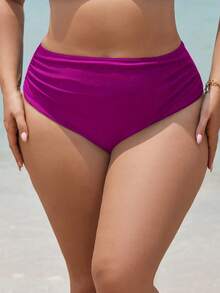 Swim Lushoire Quần bikini xếp ly màu trơn dành cho nữ cỡ lớn - Màu Hồng Tươi - Xem 2