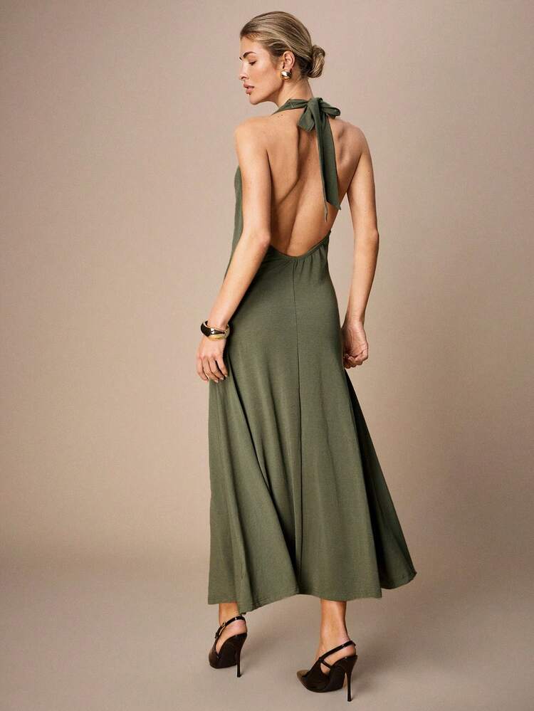 SHEIN Maija 여성용 그린 드레스, 홀터넥 묶는 스타일의 백리스 A라인