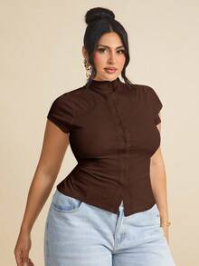 SHEIN BAE Plus Size Women Casual Everyday Knit Elastic Short Sleeve T-Shirt - Brown - View 6
