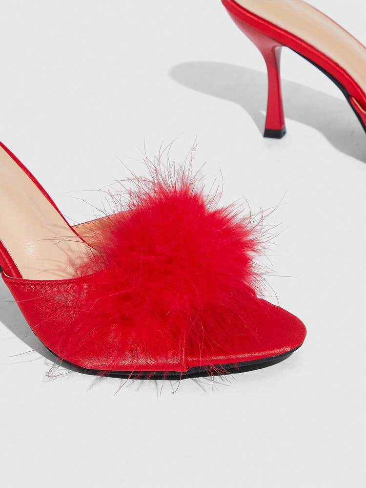 CUCCOO SZL Women's Furry Decor Elegant High Heel Slide Sandals Prom Heels