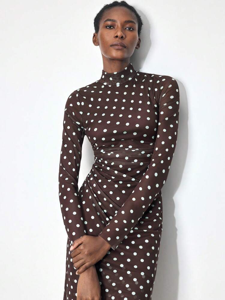 SHEIN Maija Elegant Blue Tie-Dye Print Collar Backless Fitted Long Dress, Fashionable Design For Spring/Summer, Suitable For Parties, Dates, Business, Casual Wear, Office, Urban Commute, Stylish And Sophisticated Brown  Brown Dress Women Long Sleeve Polka Dot Dress Midi Polka Dot Dress  St Patrick's Day Women Easter Summer Outfits Easter Dress Women Party Top Beach Dress Summer Holiday Outfits Each Vacation Outfits For Women  Summer Outfit For Women Going Out Outfits Graduation Graduation Outfit  Casual Dresses  Casual Blouses For Women