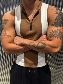 Manfinity Dauomo 男士无袖立领半拉链修身休闲撞色拼接紧身背心 - 彩色 - 查看 4