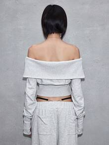 ROMWE Avant 1 chiếc áo nỉ nữ màu trơn, kiểu dáng trễ vai, có khóa kéo. - Xám - Xem 4