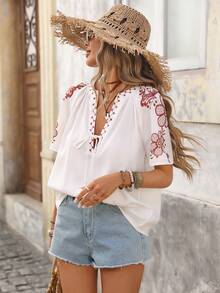 Brillora Women's V-Neck Casual Printed Blouse With Tassel Decor, Suitable For Outdoor & Holiday, Spring/Summer, Spring, Summer Holiday, White - Multicolor - View 5