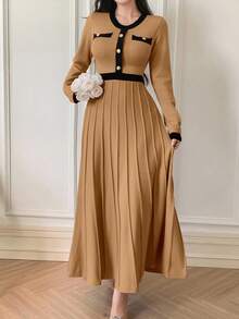 DAZY 女士优雅撞色圆领毛衣连衣裙，秋季 - 卡其色 - 查看 5