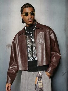 PAVTROS Men's Fashion Casual Street Zipper Front Crocodile Embossed Leather Jacket - Brown - View 7