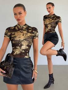 Siren Gaze Women's Summer Outfit For Women Fashionable Foil Print Fitted T-Shirt, Summer - Multicolor - View 1