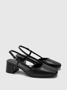 CUCCOO BIZCHIC Classic Black Textured Square Toe Chunky Heel Slingback Pumps, Versatile Commuting Work Shoes For Women Valentine's Day Spring Shoes - Graphite Black - View 2