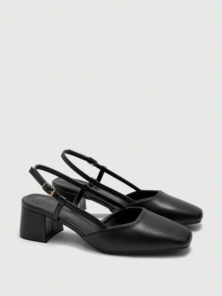 CUCCOO BIZCHIC Classic Black Textured Square Toe Chunky Heel Slingback Pumps, Versatile Commuting Work Shoes For Women Valentine's Day Spring Shoes