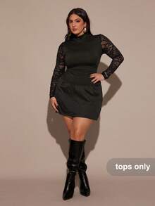 SHEIN BAE Plus Size Autumn/Winter Women's Casual Vintage Solid Color Knit Contrast Lace Long Sleeve Fitted Women Top,Fall,Christmas, New Year,Casual,Plus Size Formal,Elegant, Thanksgiving Day,Black Lace Top,Christmas, New Year,Casual,Plus Size Formal,Elegant, Thanksgiving Day Top - White - View 4
