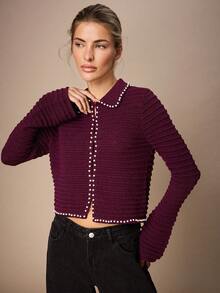 Maija Áo khoác cardigan dệt kim dài tay mỏng nhẹ màu trơn dành cho nữ, trang trí giả ngọc trai. - Màu Đỏ Sâu - Xem 4