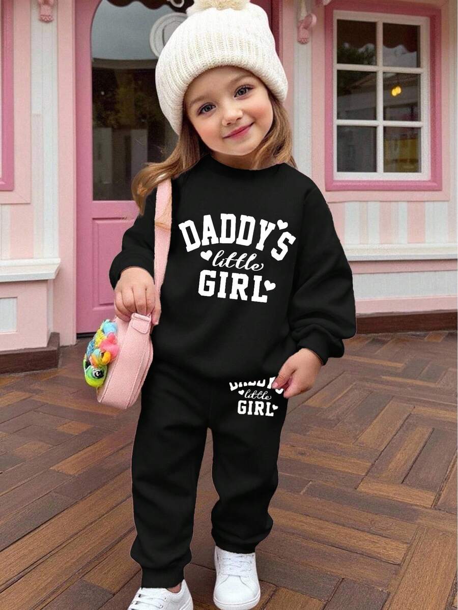 SHEIN Happikins 黑色“爸爸的小公主”字母印花加厚柔软长袖圆领卫衣和运动裤套装，适合秋冬季节，休闲穿着，舒适百搭，适合秋季叠穿，时尚女宝宝，休闲服饰，女宝宝图案运动套装，秋季服装 - 黑色 - 查看 1