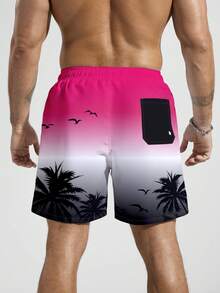 Manfinity KASUA Men's Elastic Waist Drawstring Pocket Palm Tree Print Beach Shorts, Holiday - Hot Pink - View 2