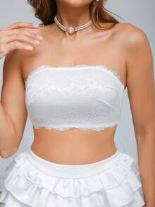 1件新娘纯白蕾丝撞色网纱性感贞洁时尚无肩带胸衣吊带衫 - 白色 - 查看 7