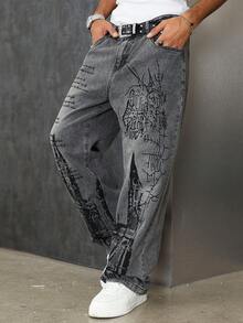 Manfinity EMRG Premium Washed Black & Gray Print Wide Leg Jeans - Black - View 3