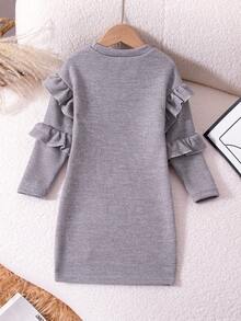 Elladie kids 1pc Girls Young Girl Elegant Ruffle Trim Knitted Dress, Round Neck, Slim Fit, Versatile For Party, Birthday, Daily Wear, Autumn - Grey - View 2
