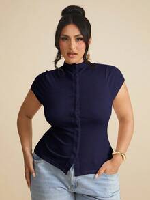 SHEIN BAE Áo thun tay ngắn dệt kim co giãn cổ đứng cài nút phía trước cỡ lớn dành cho nữ, mùa hè - Màu xanh hải quân - Xem 3