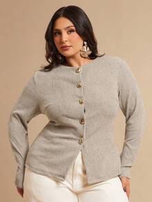 SHEIN BAE 大码女式金属纽扣装饰长袖基础款上衣，大码女式圆领长袖金属单排扣休闲上衣，圣诞节、新年、优雅派对上衣、毕业典礼宾客上衣、女士优雅衬衫、大码女式衬衫/冬季 - 杏色 - 查看 6