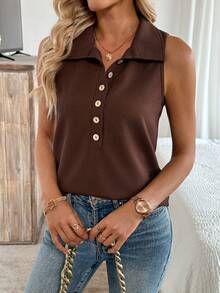 EMERY ROSE Women's Solid Color Sleeveless Button-Up Casual Tank Top - Brown - View 5