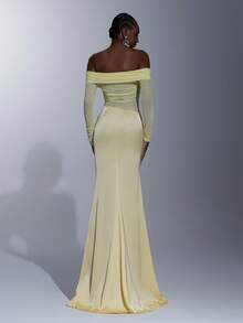 Elitara Elegant High-Stretch Knit Mesh & Satin Off Shoulder Sheer Long Sleeve Waist Ruched Fishtail Dress, Suitable For Dates, Vacations, Singles Parties, Weddings, Women's Evening Gowns, Bridesmaid Dresses - Yellow - View 3