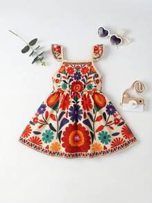 Travachic KIDS Travachic KIDS 1件女婴休闲可爱甜美图案复古印花花卉无袖松紧腰连衣裙 - 彩色 - 查看 3