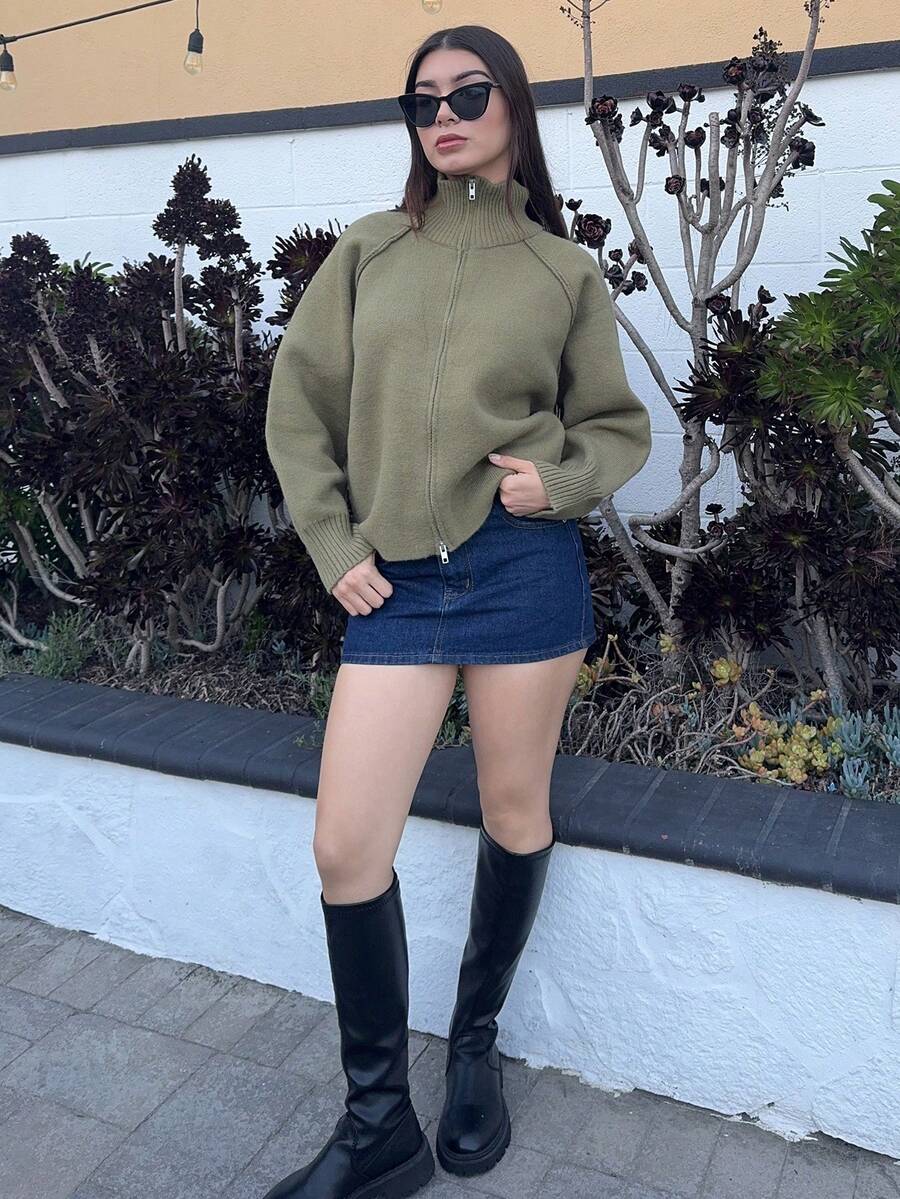 Andrea Bello 拉链立领开衫，长袖上衣，老款款式，秋季服装商务休闲女式工作服夹克 - 軍綠色 - 查看 1