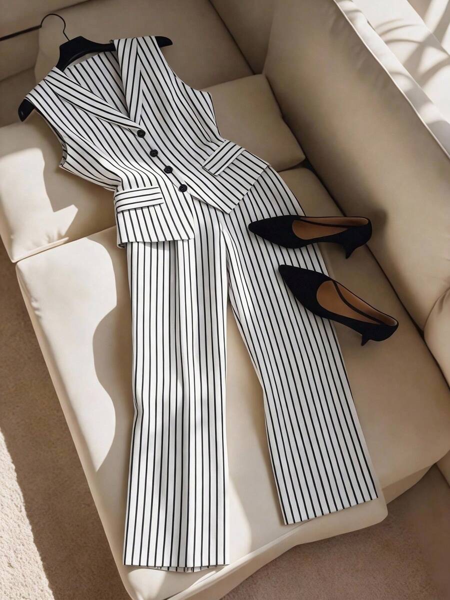 Franclia Damen Große Größen Elegantes V-Ausschnitt gestreiftes ärmelloses Weste + gestreifte weite Bein Hose mit elastischem Bund, bequemes 2 Stücke Set, geeignet für Arbeit, Pendeln und Ausflüge Hosenanzug Sommer Sets - Schwarz und Weiss - Übersicht 1