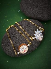 Rick and Morty X SHEIN 锌合金卡通图案吊坠项链手链套装，简约优雅，适合派对、音乐会、节日等场合。 - 金色 - 查看 2