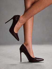 CUCCOO SZL 女士尖头细高跟鞋，棕色高跟时尚鞋 - 石頭紋7639酒紅 - 查看 3