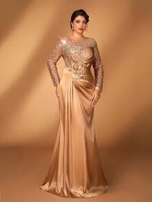 Serin 大码优雅奢华香槟色串珠蕾丝贴花拼接弹力缎面薄纱长袖褶皱美人鱼连衣裙，适合婚礼、派对、度假、舞会、新娘母亲礼服