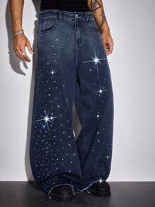 ROMWE MEN Street Life Jeans de mezclilla con gradiente de cristales y diseño curvo para hombres, estilo urbano - Azul - Ver 6