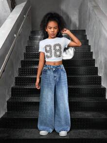 Tween Girls Fashionable Loose Pocket Denim Jeans - Medium Wash - View 4
