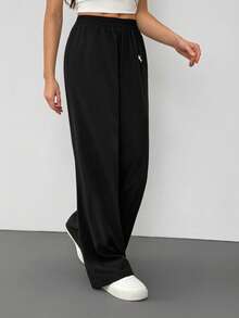 SHEIN Tall 女士休闲度假阔腿裤，饰有刺绣小马图案，适合夏季度假，黑色裤子 - 黑色 - 查看 4