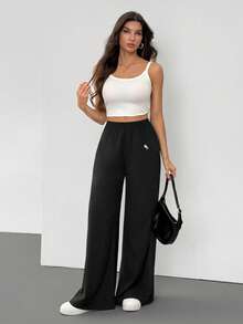 SHEIN Tall 女士休闲度假阔腿裤，饰有刺绣小马图案，适合夏季度假，黑色裤子 - 黑色 - 查看 7