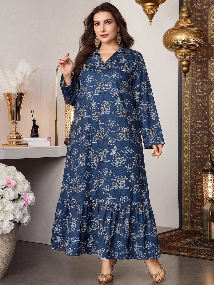 Al Najma Plus Size Women's Long Sleeve Blue Digital Print Ruffle Hem Elegant Arabic Style Maxi Dress, Spring/Summer
