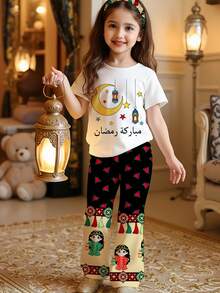 SHEIN 2pcs/Set Young Girl Cartoon Casual Round Neck Short Sleeve Top And Flare Pants - Multicolor - View 1